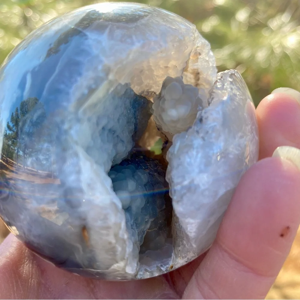 Large HQ Polished UV Reactive Volcano Agate Sphere w/ Wooden Stand - Picture 12 of 16
